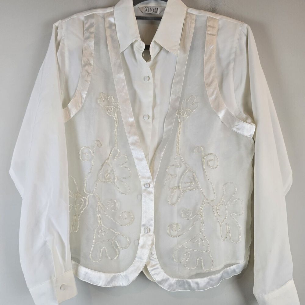 Vtg‎  Women's Selecca White Beaded Long Sleeve Blouse And Vest Sz 12.E22